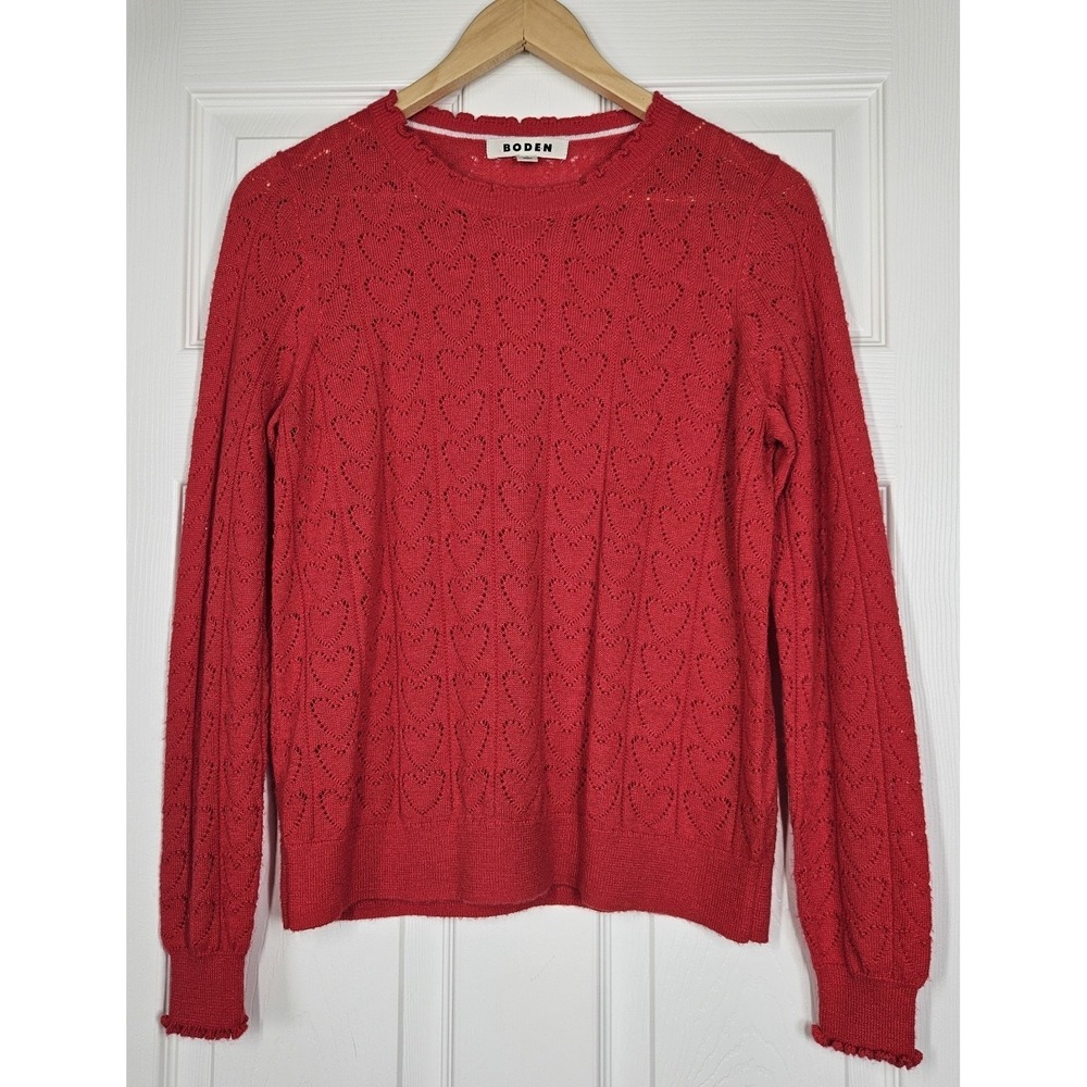 Boden Sweater M Red Heart Pointelle Fluffy Jumper Wool Mohair Cozy Pullover